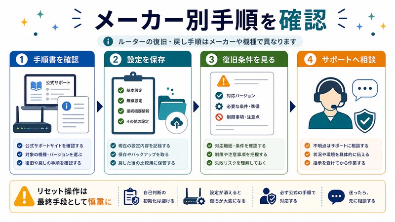 手順書確認、設定保存、復旧条件確認、サポート相談を整理した日本語図解