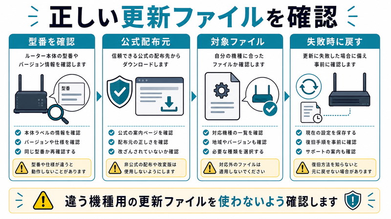 型番の確認、公式配布元、対象ファイル、失敗時に戻す流れを整理した日本語図解