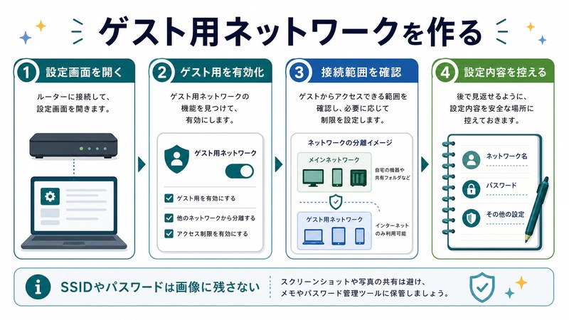 設定画面、ゲスト用有効化、接続範囲確認、設定内容控えを整理した日本語図解