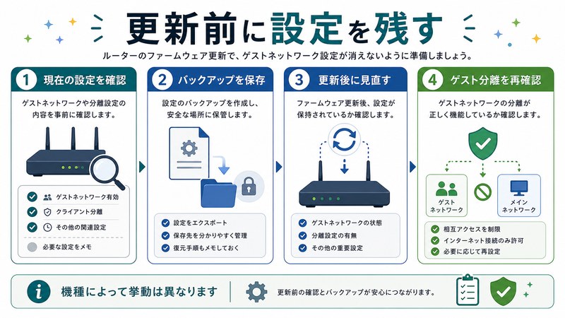 現在設定確認、バックアップ保存、更新後見直し、ゲスト分離再確認を整理した日本語図解