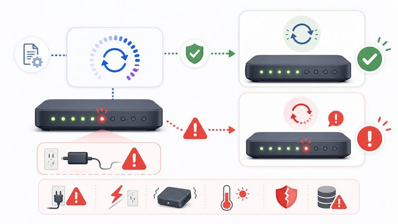 更新中の赤点滅、待機、失敗時の警告、正常復帰を整理した日本語図解