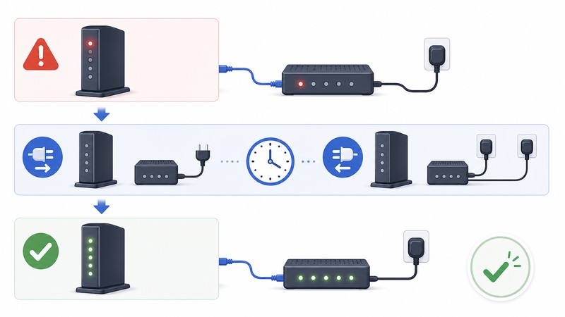 電源リセット、ケーブル再接続、待機、緑ランプ復帰を整理した日本語図解
