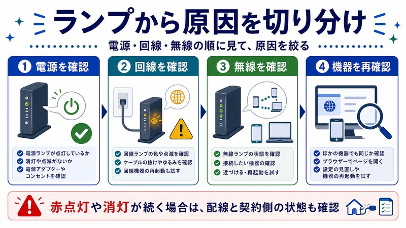電源確認、回線確認、無線確認、機器再確認を整理した日本語図解
