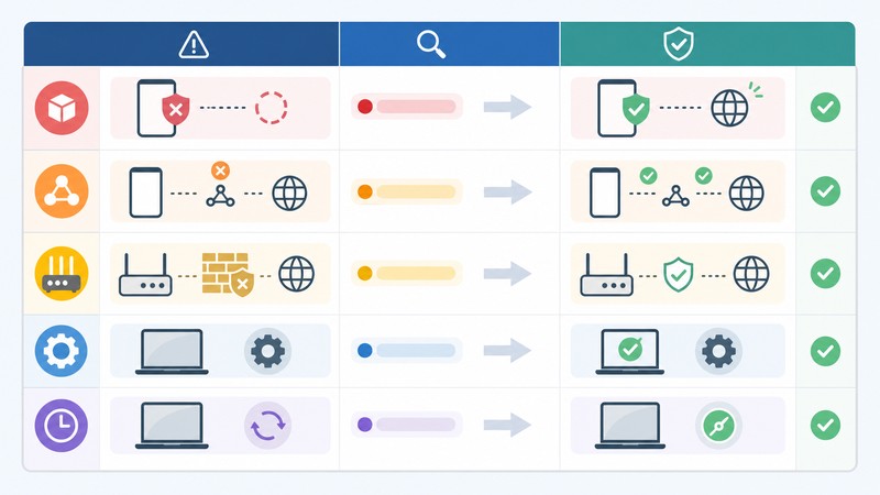 アプリ制限、通信経路、機器側設定、優先度別の対処を整理した日本語比較図解