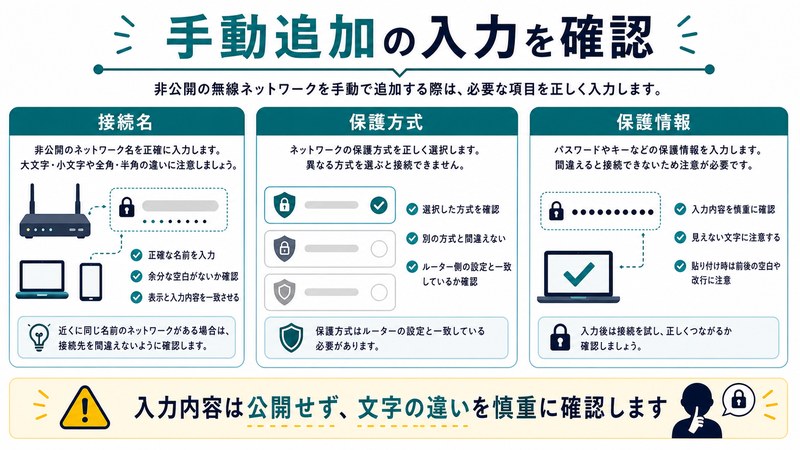 接続名、保護方式、保護情報の入力確認を整理した日本語図解