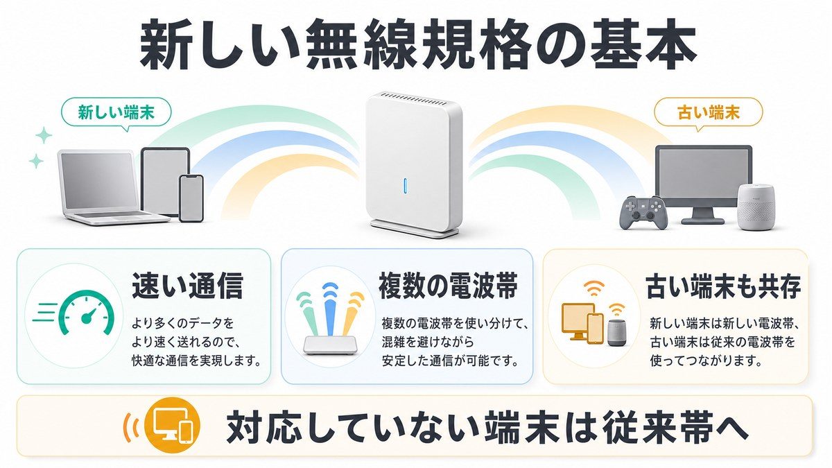 新しい無線規格では速い通信複数の電波帯古い端末の共存を確認する図解