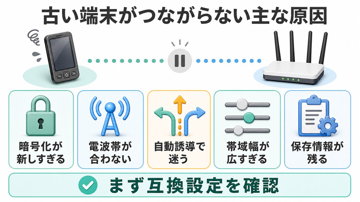 古い端末がつながらない原因を暗号化電波帯自動誘導帯域幅保存情報に分けた図解