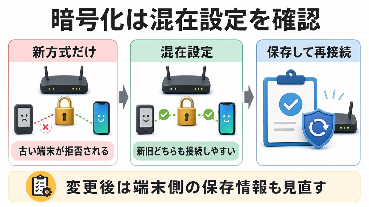 暗号化を新方式だけにせず混在設定にして新旧端末をつなぎやすくする図解