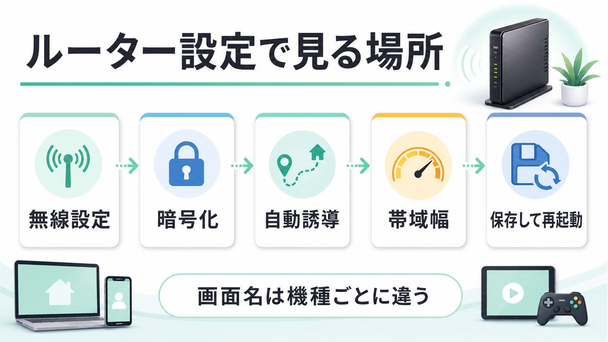 ルーター設定で無線設定暗号化自動誘導帯域幅保存再起動を見る場所を示した図解