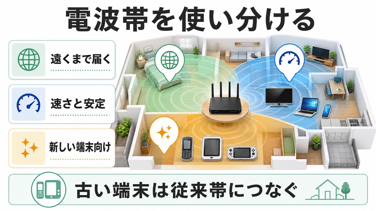 遠くまで届く電波帯速さと安定新しい端末向けの電波帯を使い分ける図解