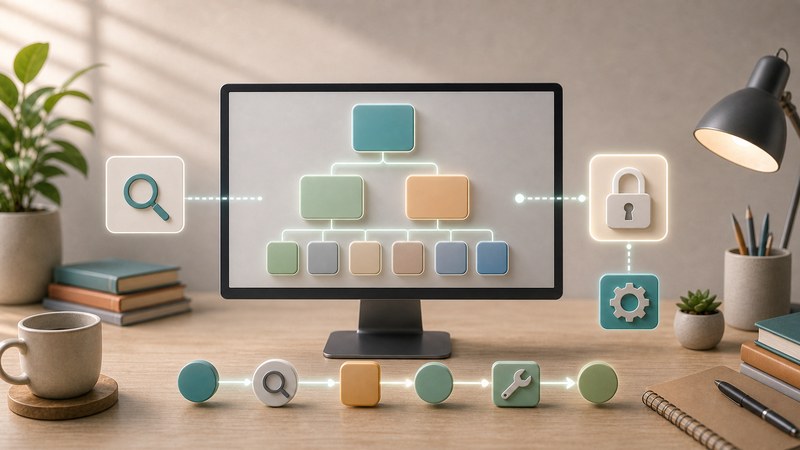 設定ブロック、ロック、歯車、確認ノードを無文字アイコンで整理した日本語図解