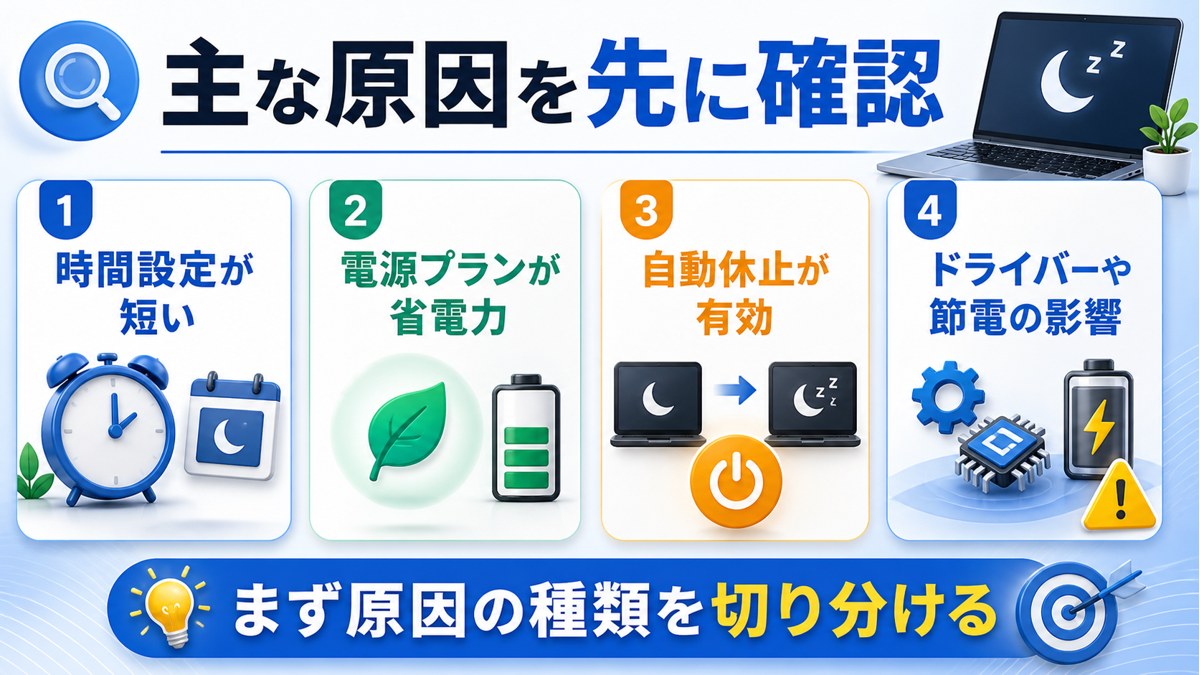 Windowsパソコンが勝手にスリープや休止状態になる時に時間設定電源プラン自動休止ドライバーや節電の影響を切り分ける図解