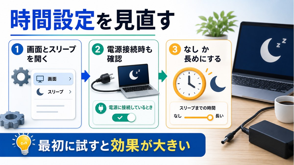 スリープタイマーを見直す時に画面とスリープを開き電源接続時も確認し自動スリープをなしまたは長めに設定する流れを示す図解