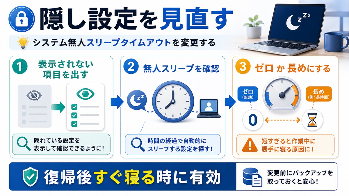 復帰後すぐにスリープする時に隠し設定の無人スリープタイムアウトを表示して無効または長めに変更する図解