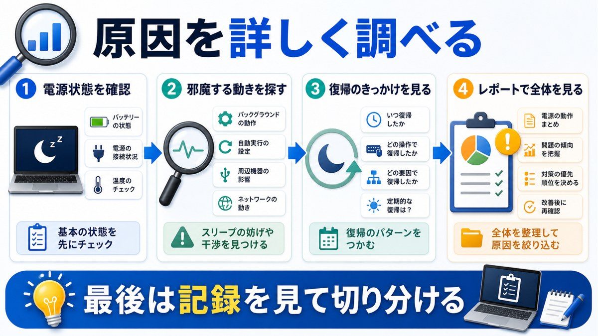 電源状態の確認妨げる動きの特定復帰のきっかけの確認レポート確認でスリープ原因を詳しく切り分ける図解