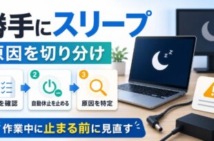 Windowsが勝手にスリープや休止状態になる時に原因を切り分けて見直す順番を示すアイキャッチ画像