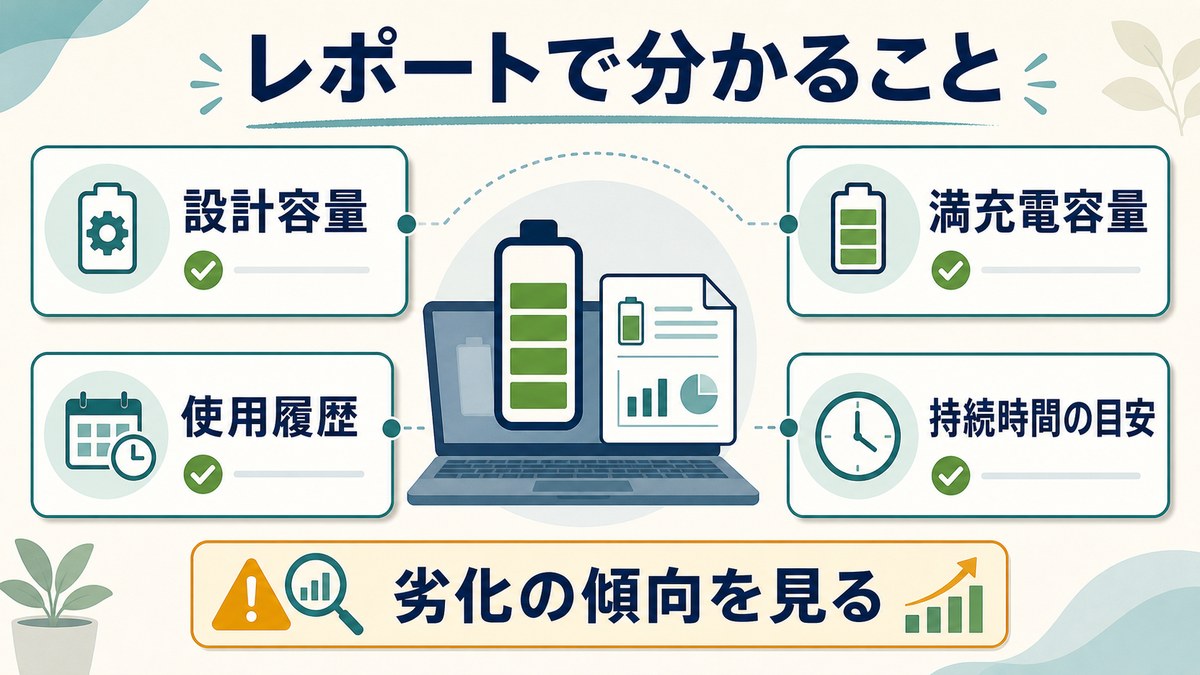 バッテリーレポートで確認できる主な項目をまとめた図解