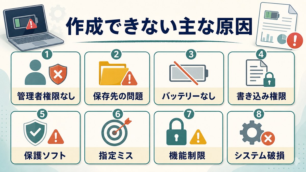 バッテリーレポートが作成できない主な原因を8つに整理した図解