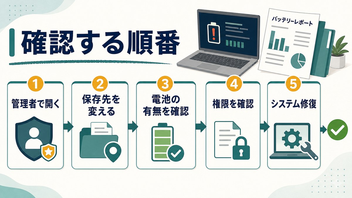バッテリーレポートが作成できない時の確認順序を示す図解