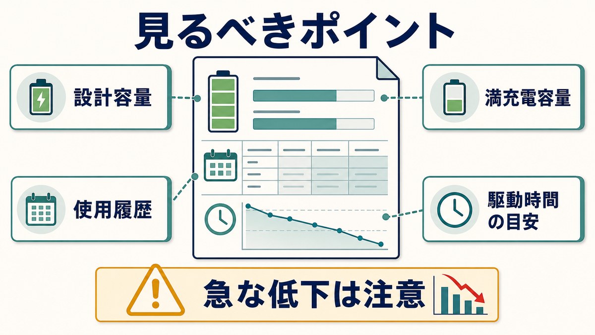 バッテリーレポートで見るべきポイントを説明する図解
