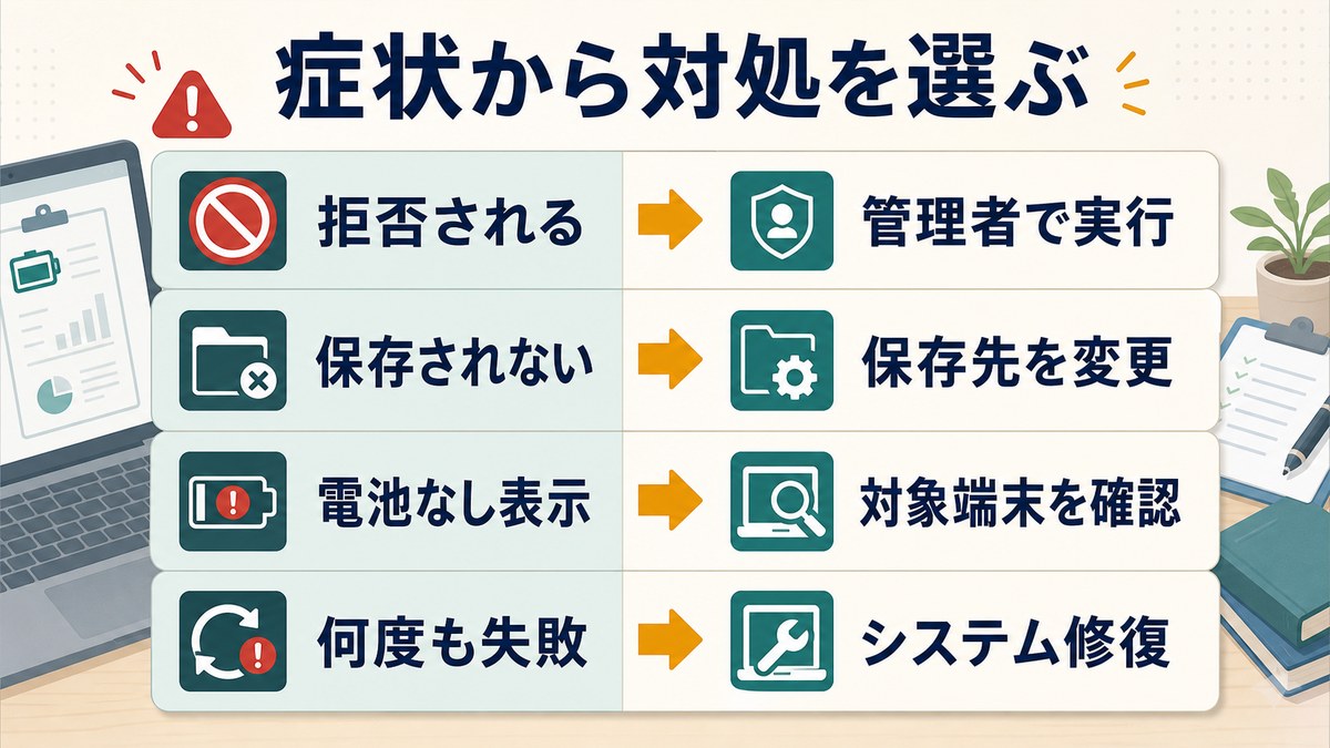 症状からバッテリーレポートの対処法を選ぶ早見表