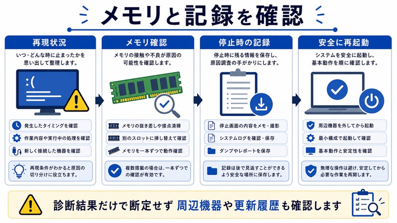 再現状況、メモリ確認、停止時の記録、安全な再起動を整理した日本語図解
