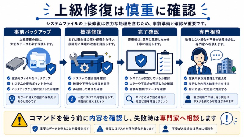事前バックアップ、標準修復、完了確認、専門相談を整理した日本語図解