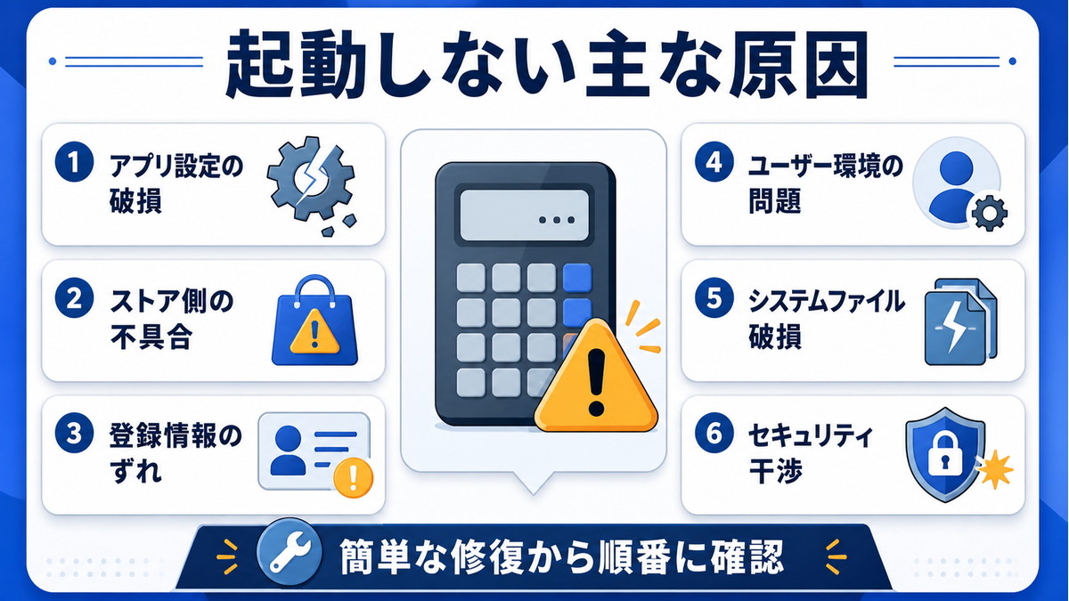 Windowsの電卓が開かない原因をアプリ設定ストア登録情報システムに分けた図解