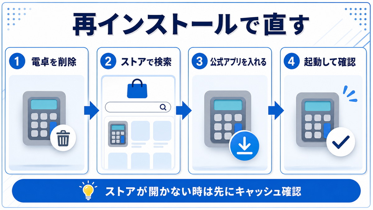 Windowsの電卓を削除してストアから再インストールし起動確認する図解