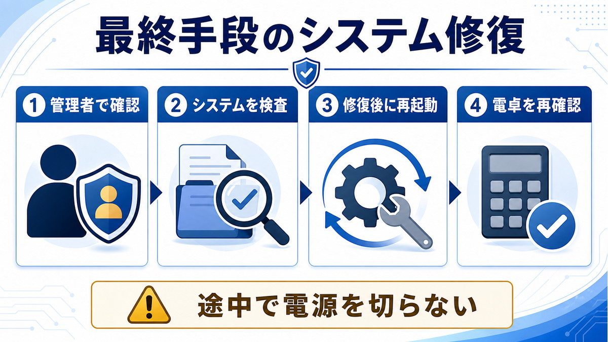 Windowsの電卓が直らない時にシステム検査と再起動を行う最終手段の図解