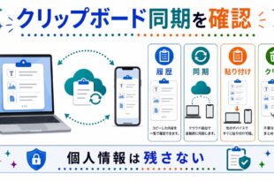履歴、同期、貼り付け、クリアを整理し、個人情報は残さないことを示す日本語アイキャッチ画像