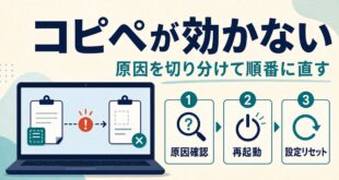 Windowsでコピーアンドペーストが効かない時に原因確認再起動設定リセットを順番に試す流れのアイキャッチ