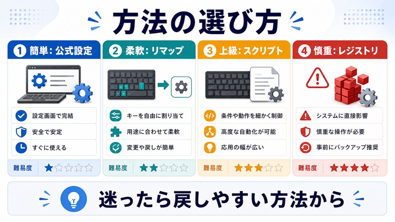 公式設定、リマップ、スクリプト、レジストリの難易度と選び方を比較する図解
