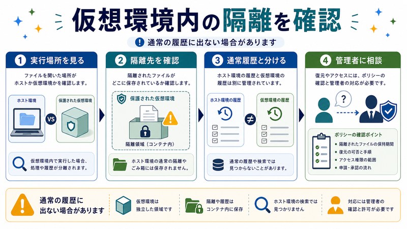 実行場所確認、隔離先確認、通常履歴との切り分け、管理者相談を整理した日本語図解
