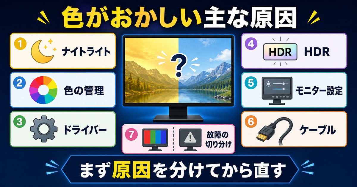 画面の色がおかしい時にナイトライト色の管理ドライバーHDRモニター設定ケーブル故障を切り分ける図解