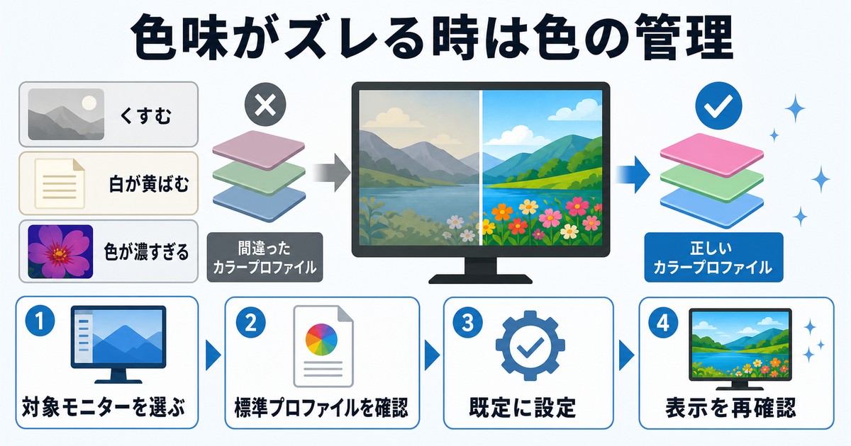 色味がズレる時に対象モニターを選び標準プロファイルを確認して既定に設定する図解
