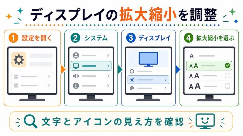 設定、システム、ディスプレイ、拡大縮小を選ぶ流れと、文字とアイコンの見え方確認を示す日本語図解