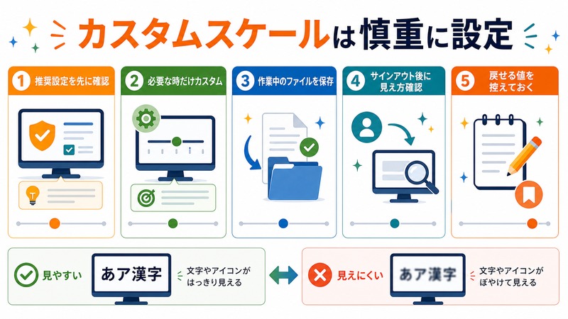 推奨設定を先に確認し、必要な時だけカスタム設定を使い、保存とサインアウト後の見え方確認を行う流れを示す日本語図解