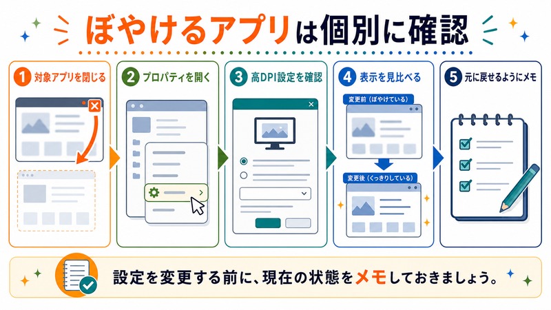 対象アプリを閉じ、プロパティと高DPI設定を確認し、表示を見比べて元に戻せるようにメモする流れを示す日本語図解