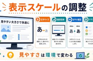 文字サイズ、推奨倍率、ぼやけ確認、アプリ別設定を整理し、見やすさは環境で変わることを示す日本語アイキャッチ画像