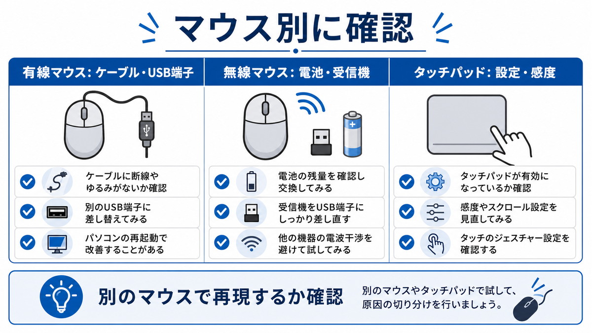 有線マウス無線マウスタッチパッド別にドラッグ不具合の確認点を整理した図解
