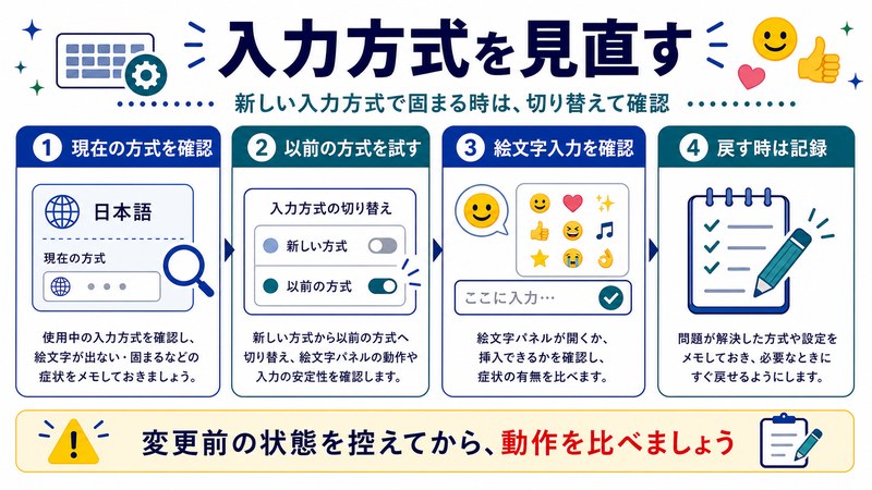 現在の方式確認、以前の方式確認、絵文字入力確認、戻す時の記録を整理した日本語図解