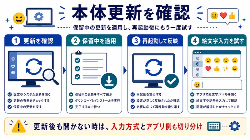 更新確認、保留中の適用、再起動反映、絵文字入力確認を整理した日本語図解