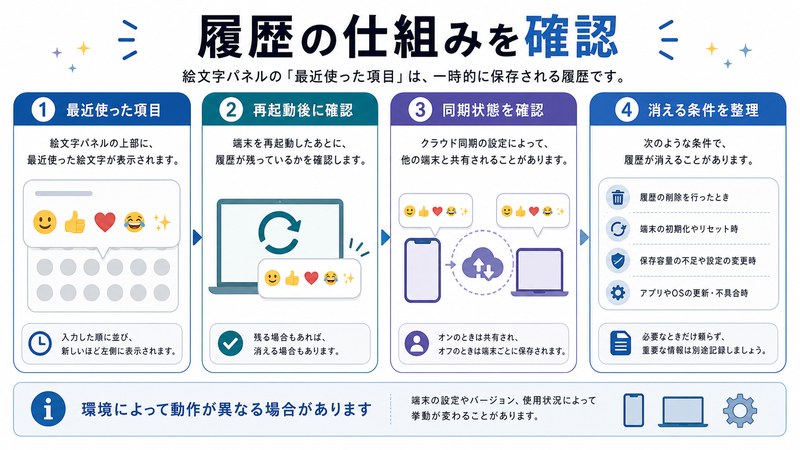 最近使った項目、再起動後確認、同期状態確認、消える条件整理を図解した日本語画像