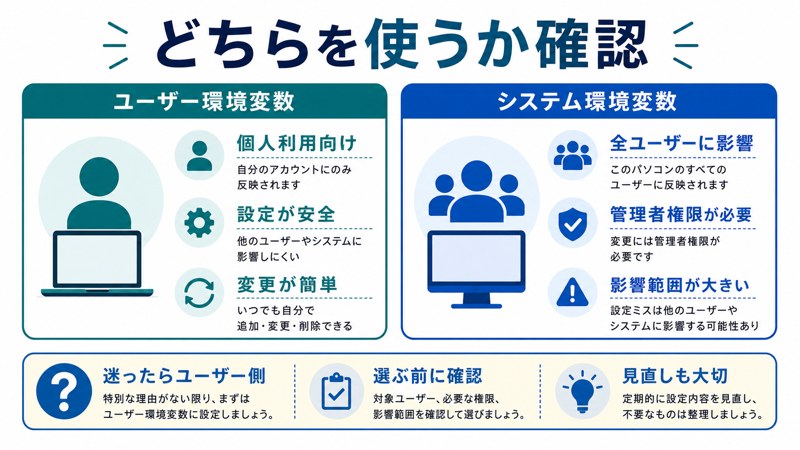 個人利用向け、全ユーザーに影響、迷ったらユーザー側、適用前確認、見直しを整理した日本語図解