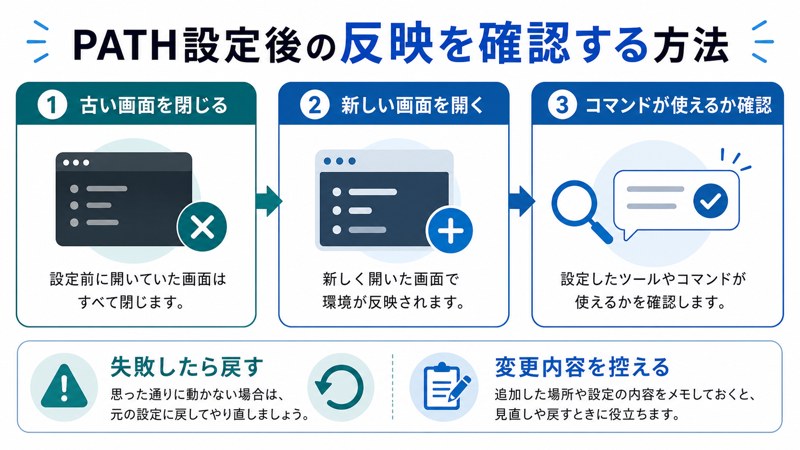 古い画面を閉じる、新しい画面を開く、コマンド確認、失敗したら戻す、変更内容を控える流れを整理した日本語図解
