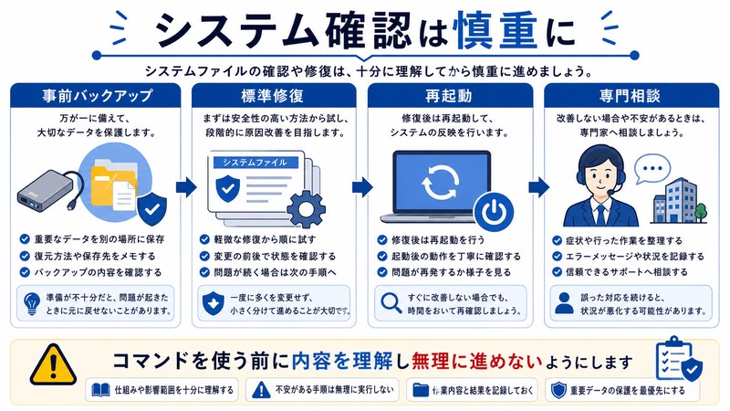 事前バックアップ、標準修復、再起動、専門相談を整理した日本語図解