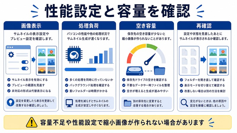 画像表示、処理負荷、空き容量、再確認を整理した日本語図解