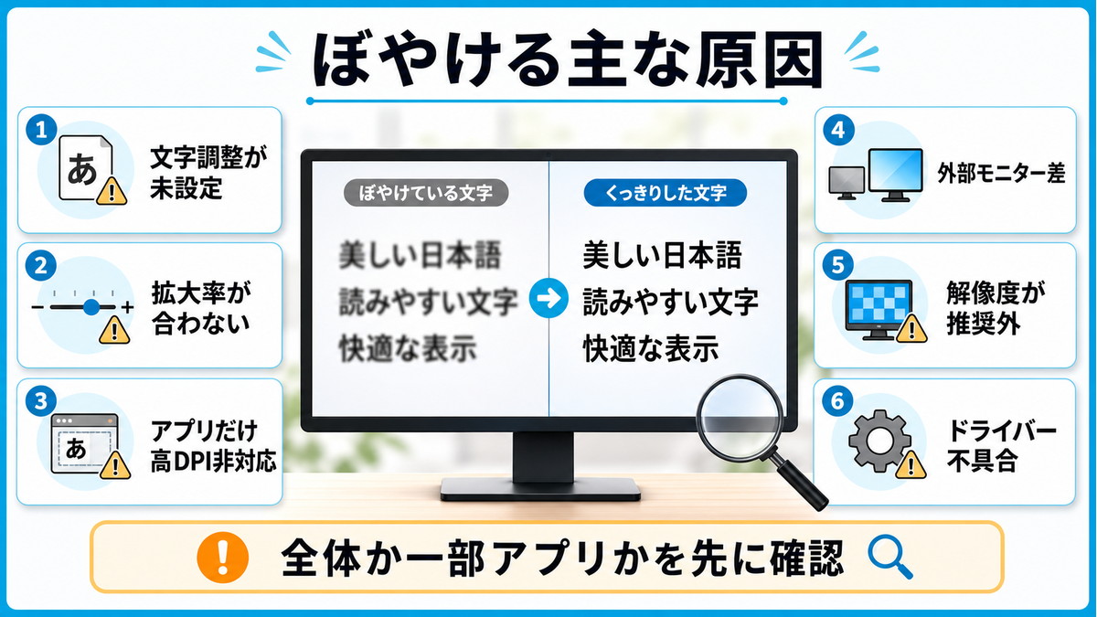 Windowsでフォントや文字がぼやける主な原因を分類した図解