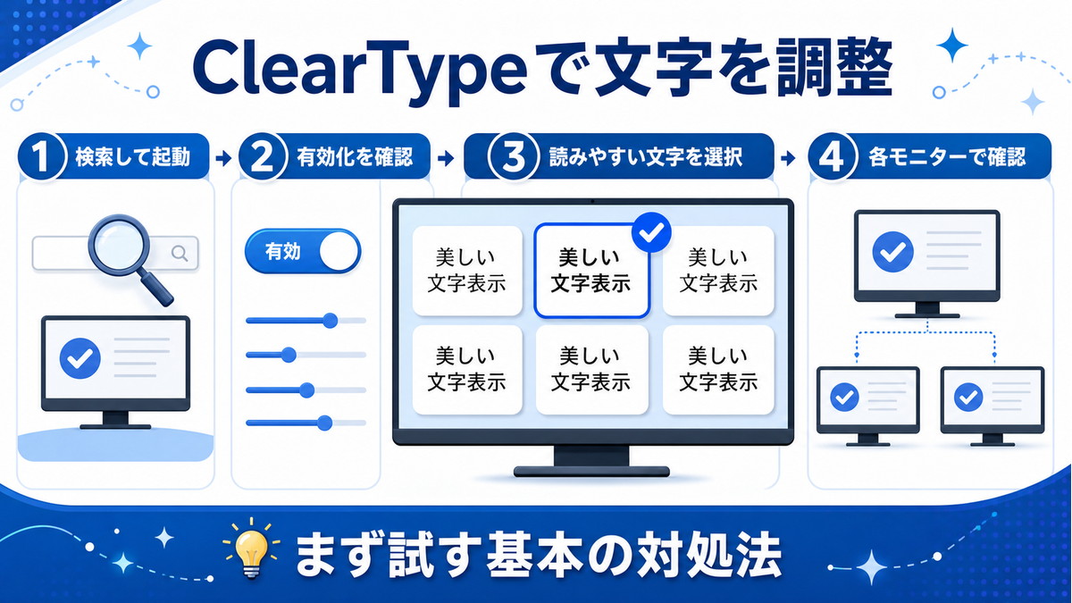 ClearTypeテキストチューナーで文字を調整する流れを示す図解